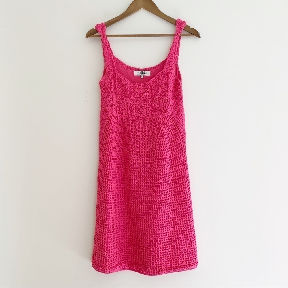 Tibi Pink Crochet Sleeveless Knit Dress Medium Summer Cocktails
